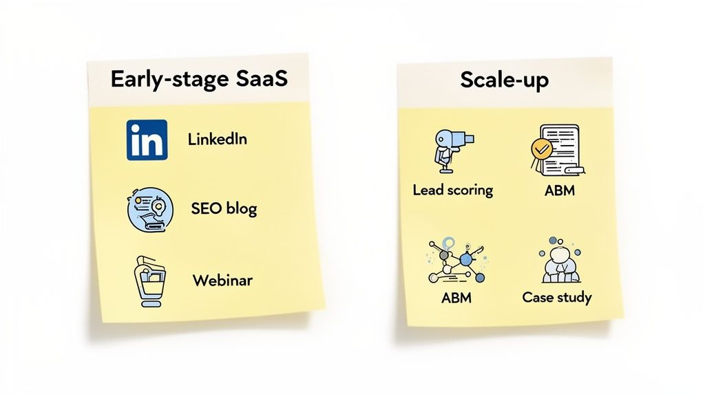 Two sticky notes outlining marketing and growth strategies for Early-stage SaaS and Scale-up businesses.