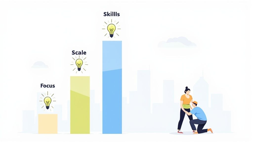 Bar charts illustrating business growth in focus, scale, and skills, with a man supporting a woman.