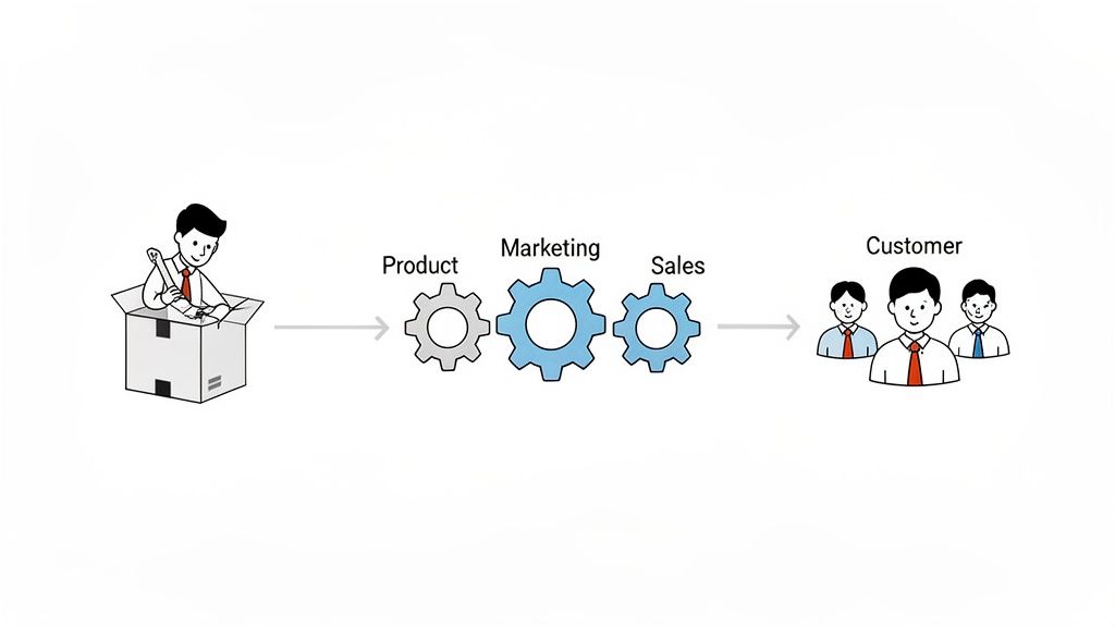Illustration of the product flow from creation through marketing and sales to the customer.