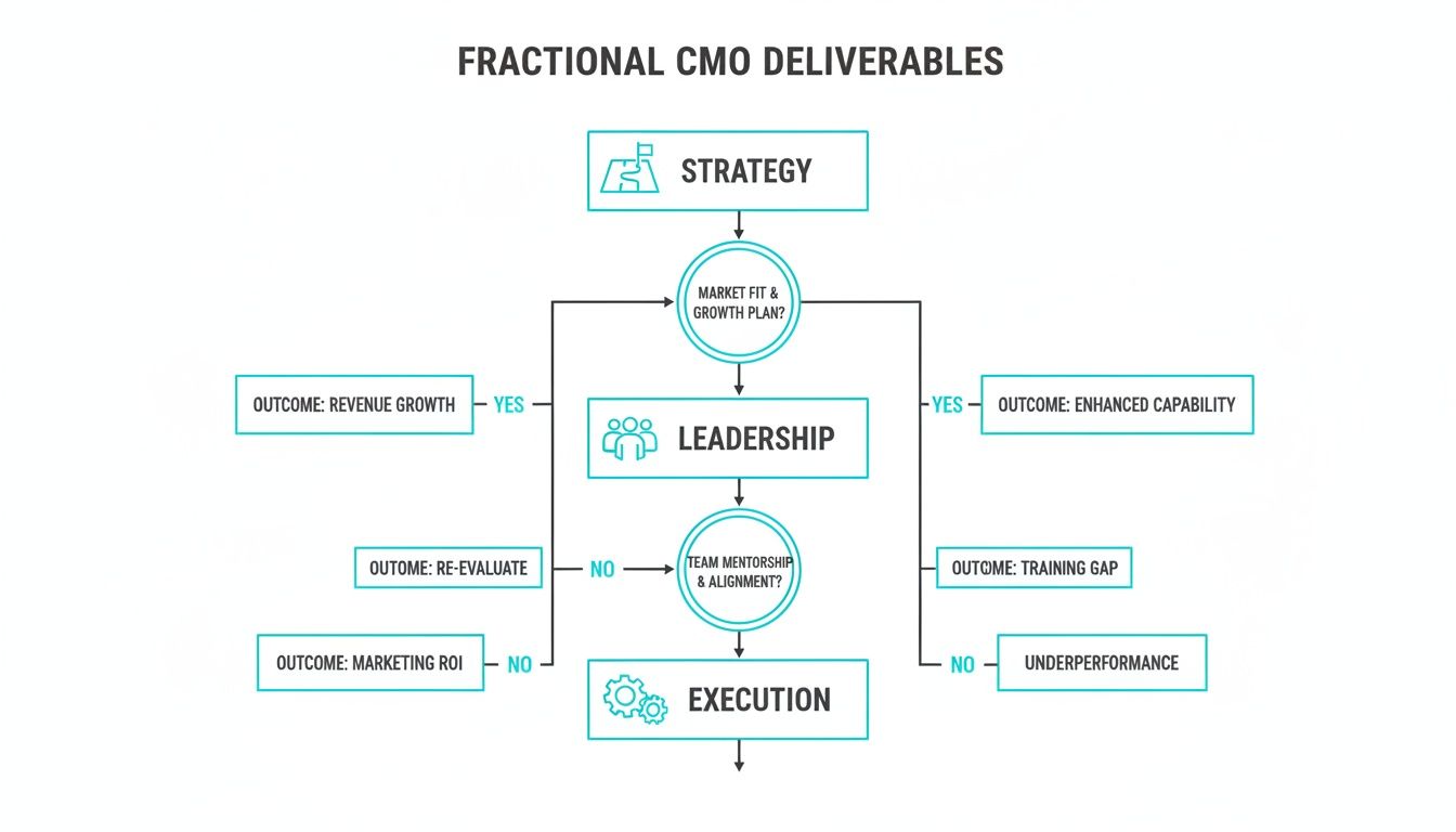 Flowchart detailing Fractional CMO deliverables, covering strategy, leadership, and execution with various outcomes.