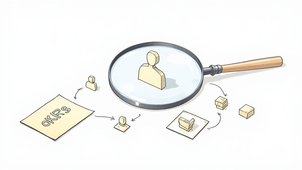 Magnifying glass focusing on a person icon, with OKRs document, smaller people, and cubes, illustrating a strategic process.