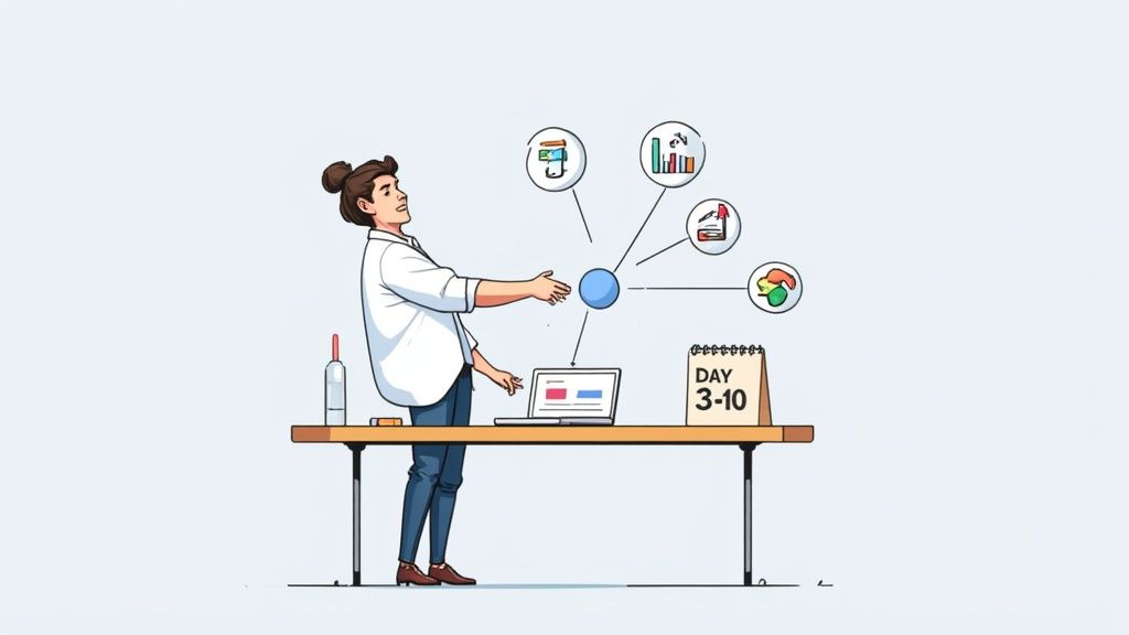 A founder asking questions to a fractional CMO in a modern office setting, illustrating a Q&A session.