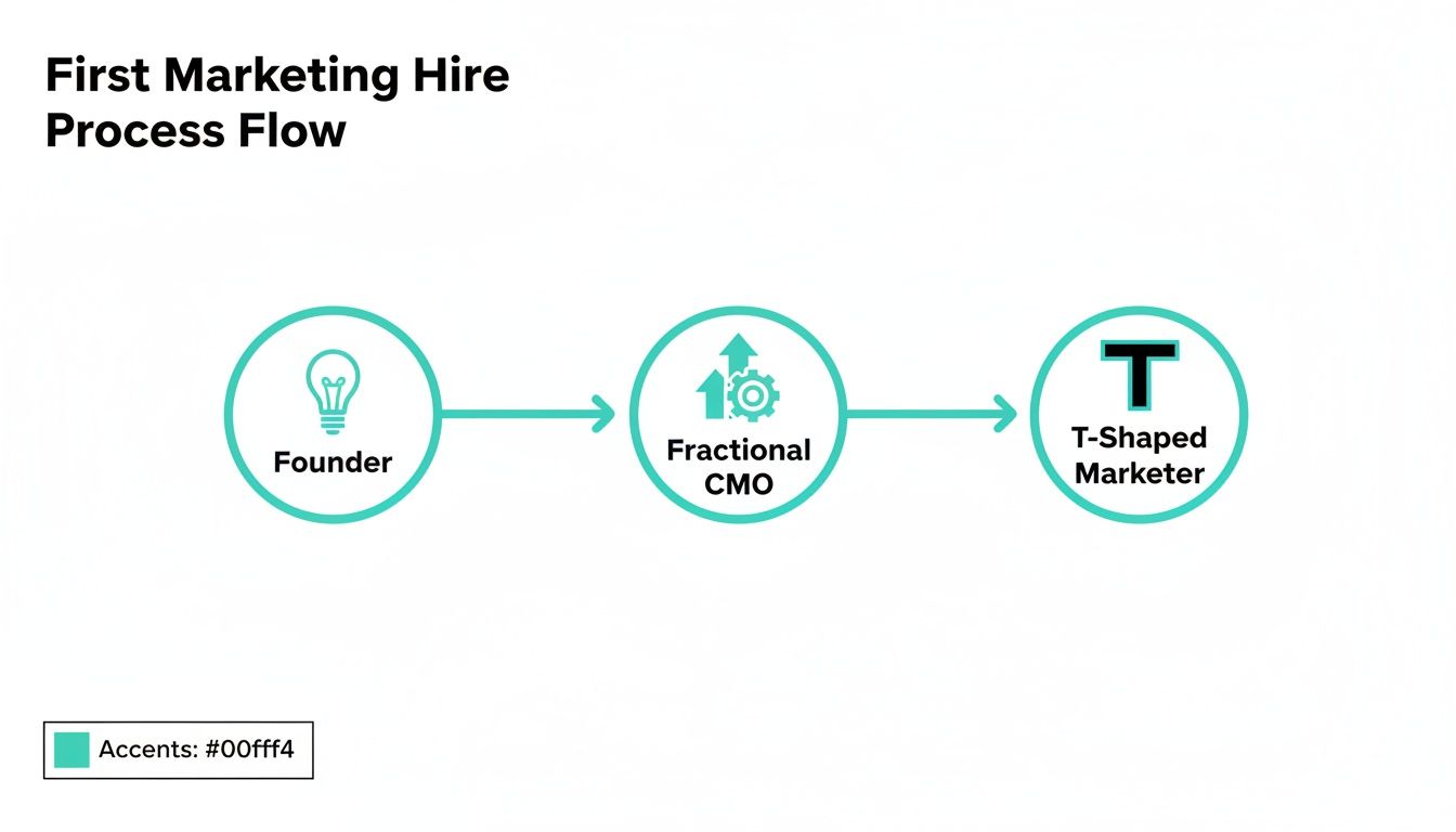 A marketing hire process flow showing progression from Founder to Fractional CMO to T-Shaped Marketer.
