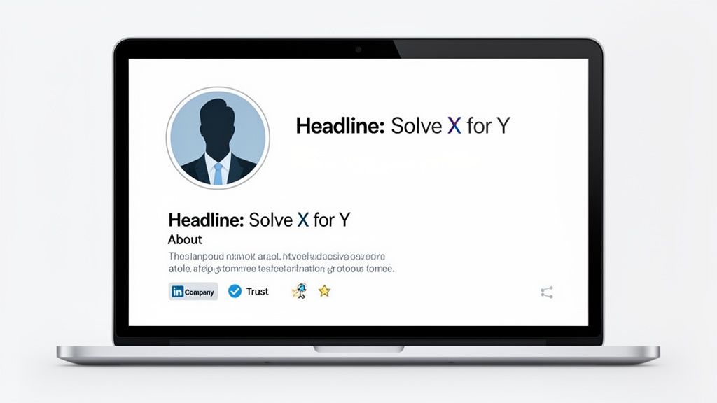 A laptop displays a professional profile page with a placeholder image and 'Solve X for Y' headlines.