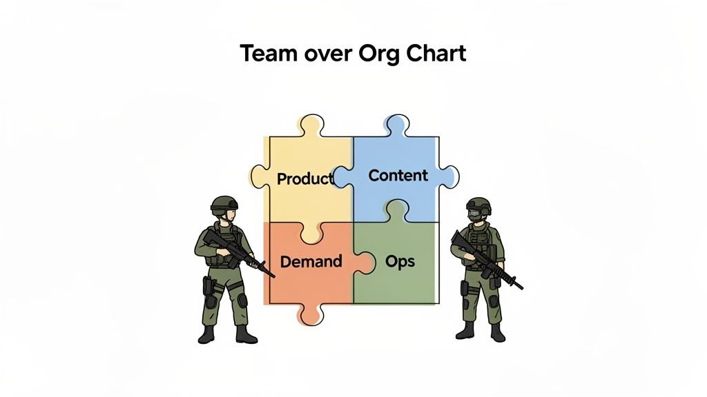 A diagram illustrates a team-based organizational structure with product, content, demand, and operations as puzzle pieces, flanked by soldiers.