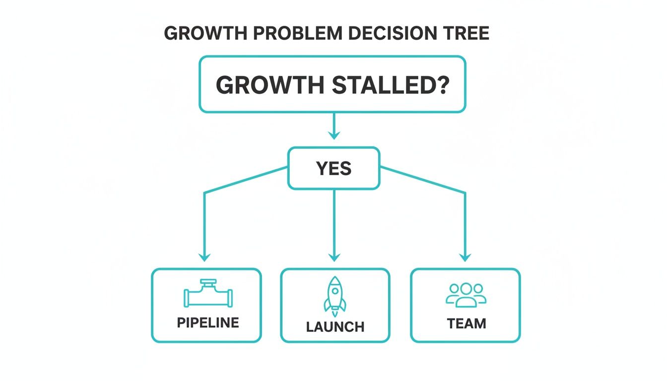 A flowchart diagram titled 'Growth Problem Decision Tree' showing if growth is stalled, leading to 'Yes', then 'Pipeline', 'Launch', or 'Team' options.
