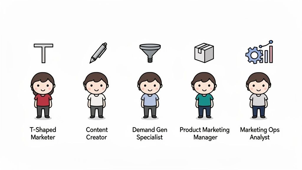 Illustration of five distinct marketing roles: T-Shaped Marketer, Content Creator, Demand Gen, Product Marketing, and Marketing Ops.