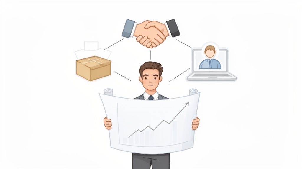 Businessman with a growth chart, connected to a handshake, product box, and laptop, illustrating business strategy.