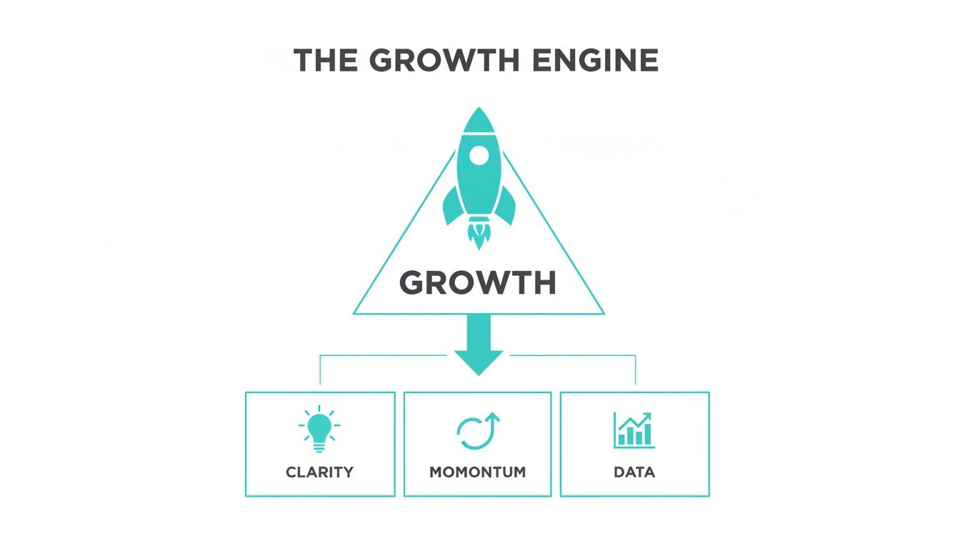 A diagram illustrating the 'Growth Engine' with a rocket, showing growth powered by clarity, momentum, and data.