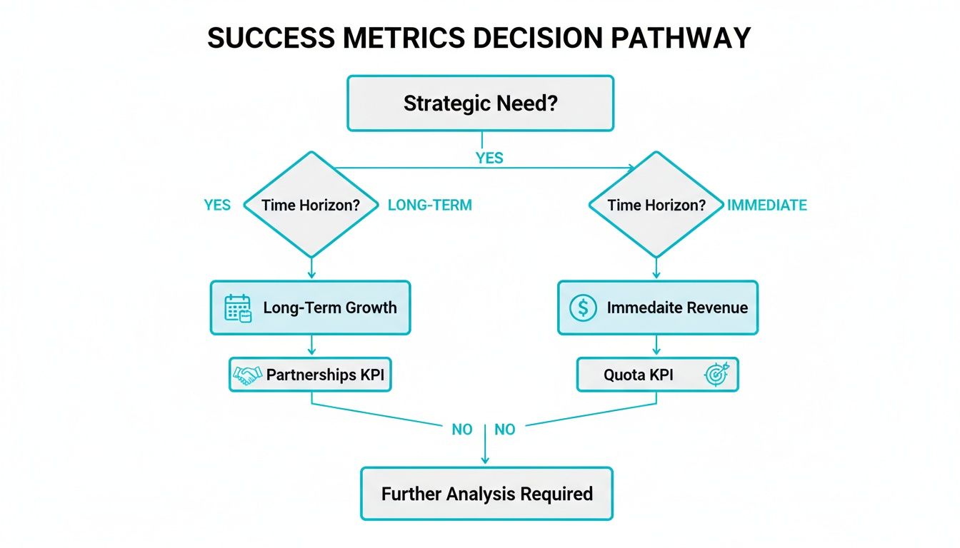 Flowchart showing a success metrics decision pathway, branching from strategic need to time horizon and specific KPIs.