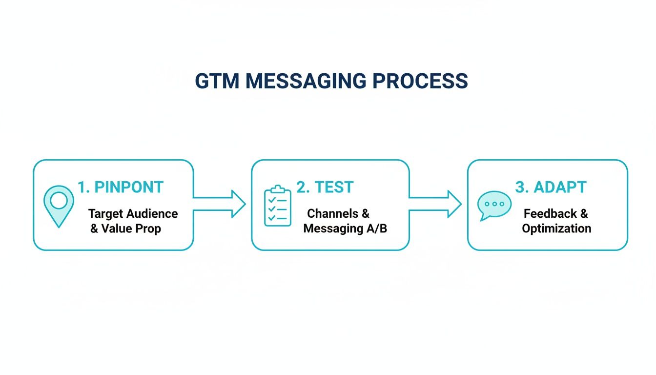 Flowchart illustrating the Go-To-Market (GTM) messaging process with three steps: Pinpoint, Test, Adapt.