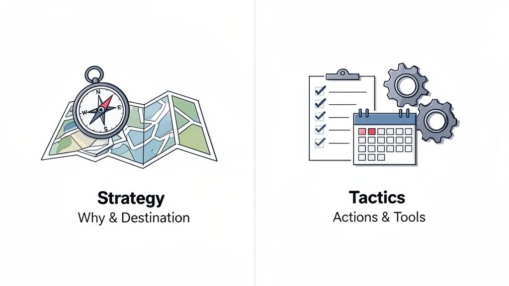 Side-by-side comparison of strategy (why, destination, map, compass) and tactics (actions, tools, checklist, calendar, gears).