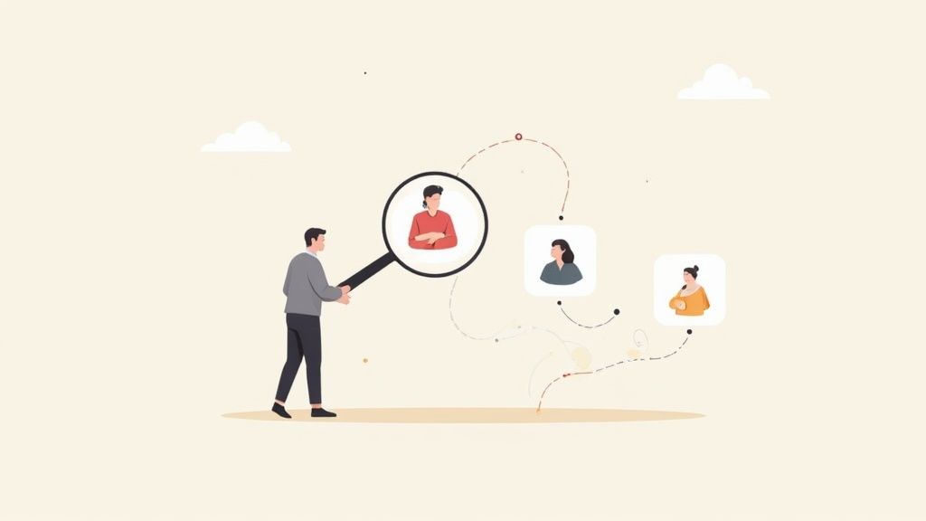 Illustration of a man with a magnifying glass examining user profiles, symbolizing audience targeting or recruitment.