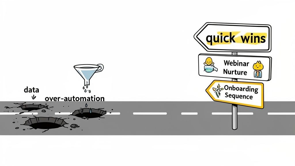 Illustration of a road with potholes labeled 'data' and 'over-automation', leading to a signpost offering 'quick wins', 'Webinar Nurture', and 'Onboarding Sequence'.