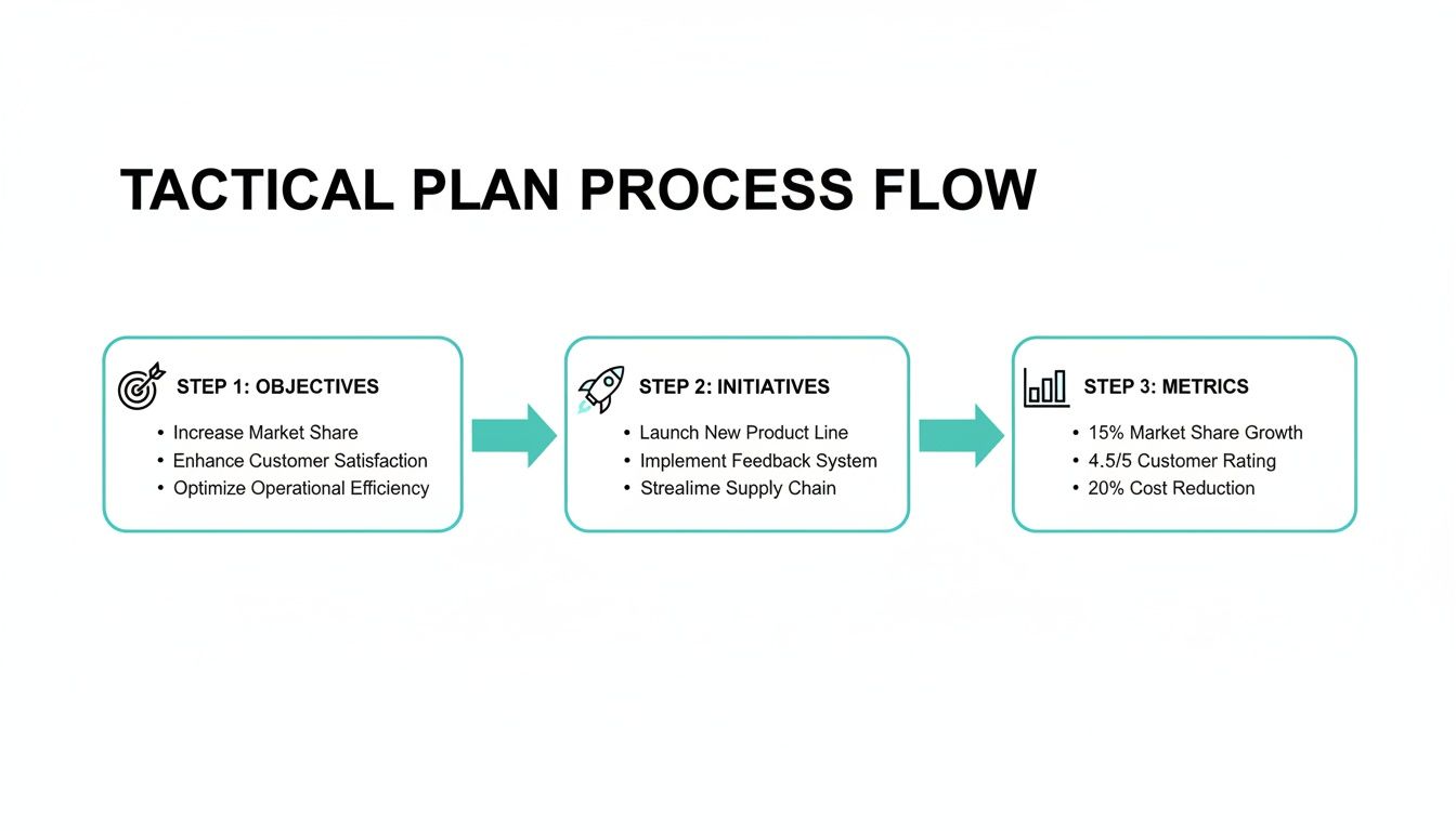 A diagram outlining a tactical plan process flow with three steps: objectives, initiatives, and metrics.