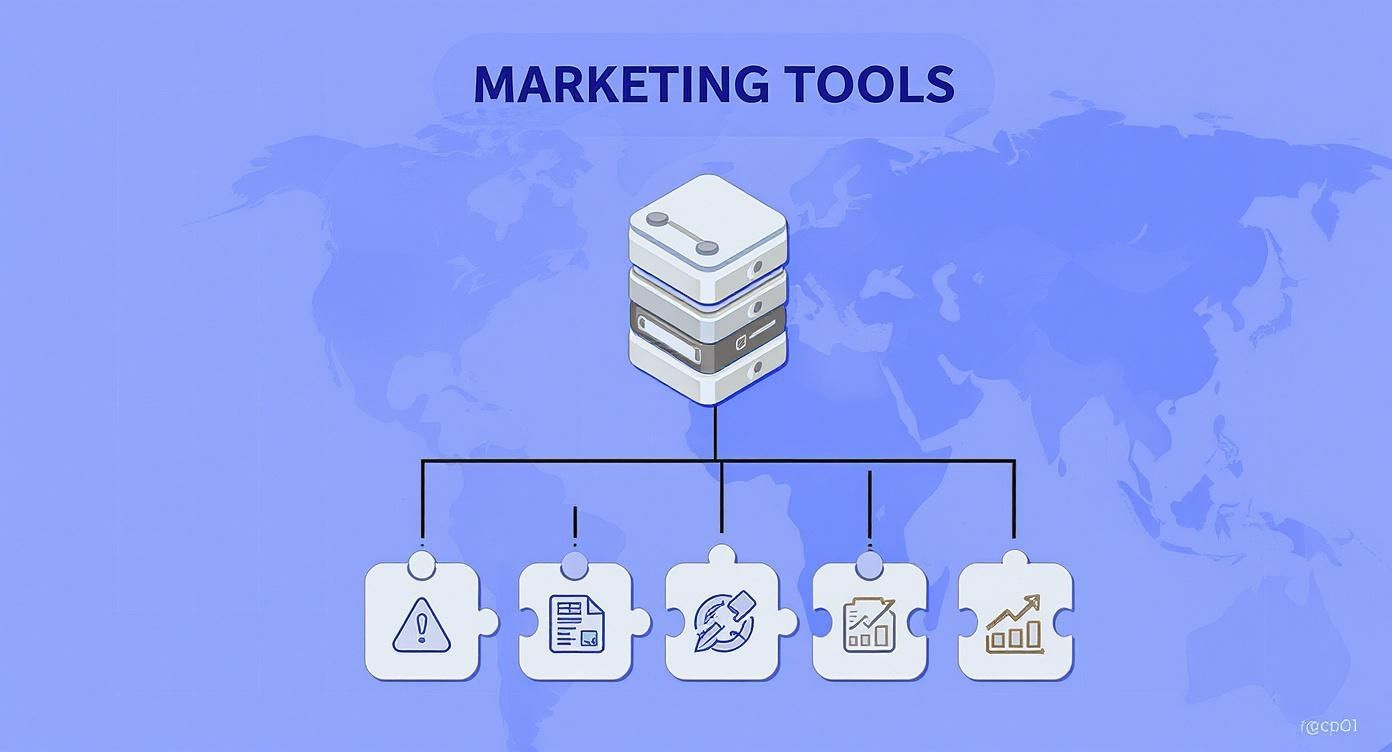 A graphic showing 'Marketing Tools' text, a central data stack, and five connected puzzle piece icons representing marketing functions.