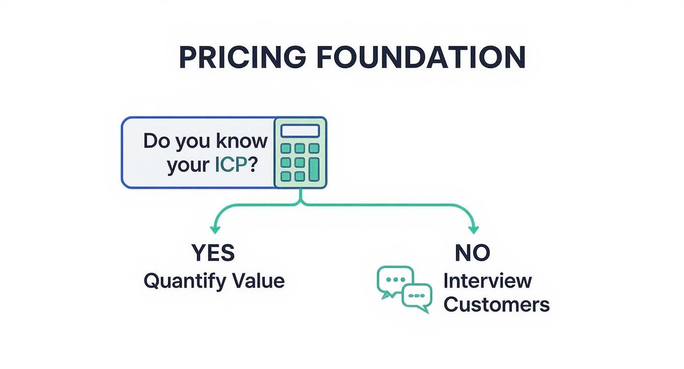 Pricing foundation flowchart showing ICP decision tree leading to quantify value or interview customers paths