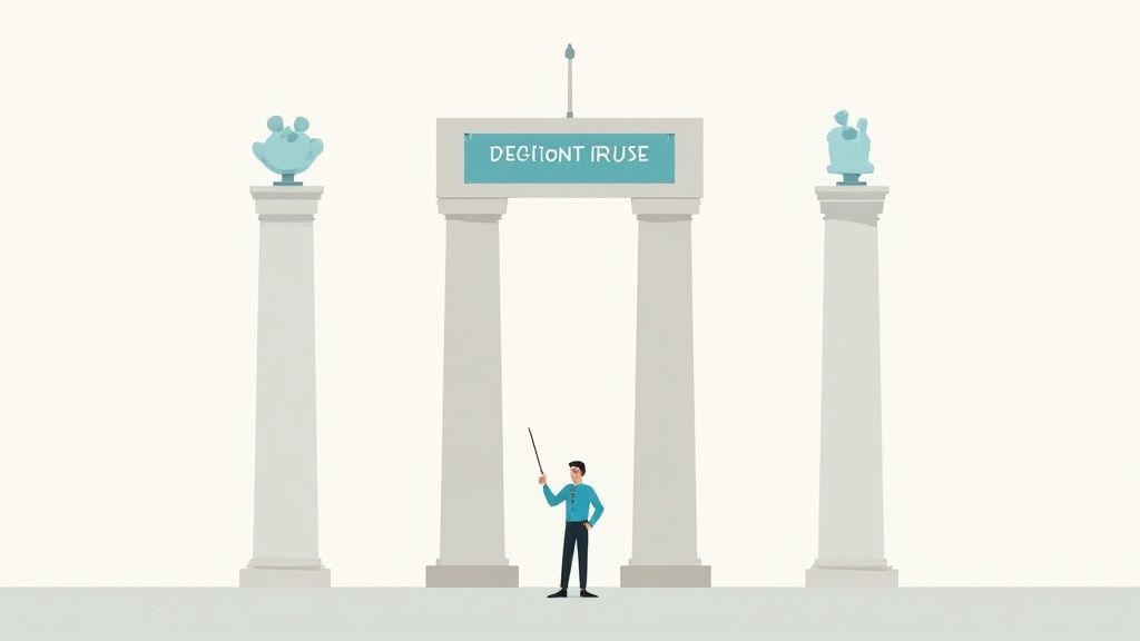 A man with a pointer stands between pillars and an archway with a sign "DEGMONT IRUSE".