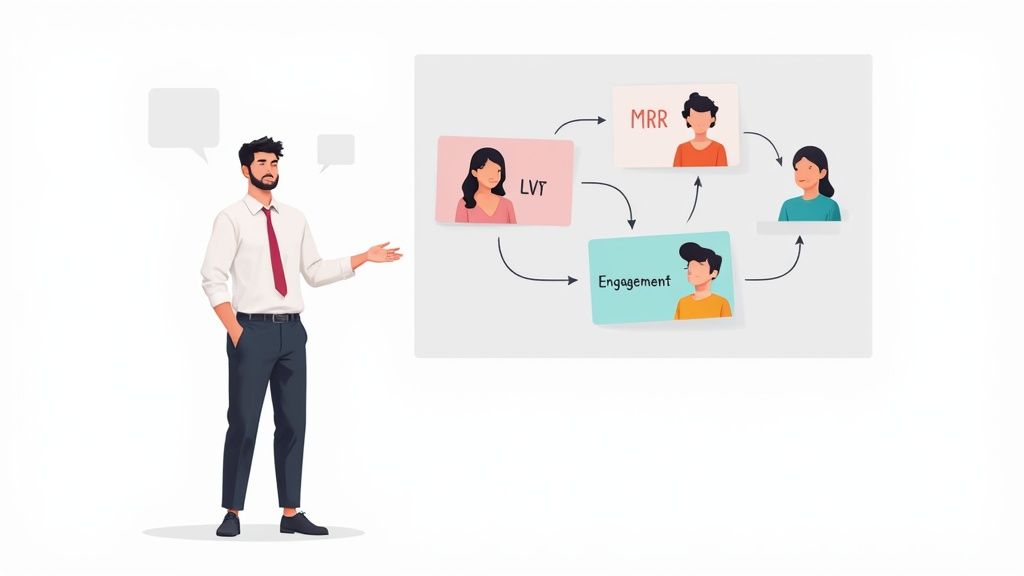 A team leader presenting data on a large screen to their colleagues in a modern office.