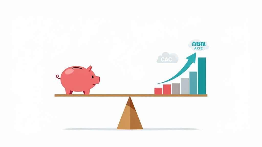A seesaw balancing a pink piggy bank on one side and a growing bar chart with CAC and ARPU metrics on the other.