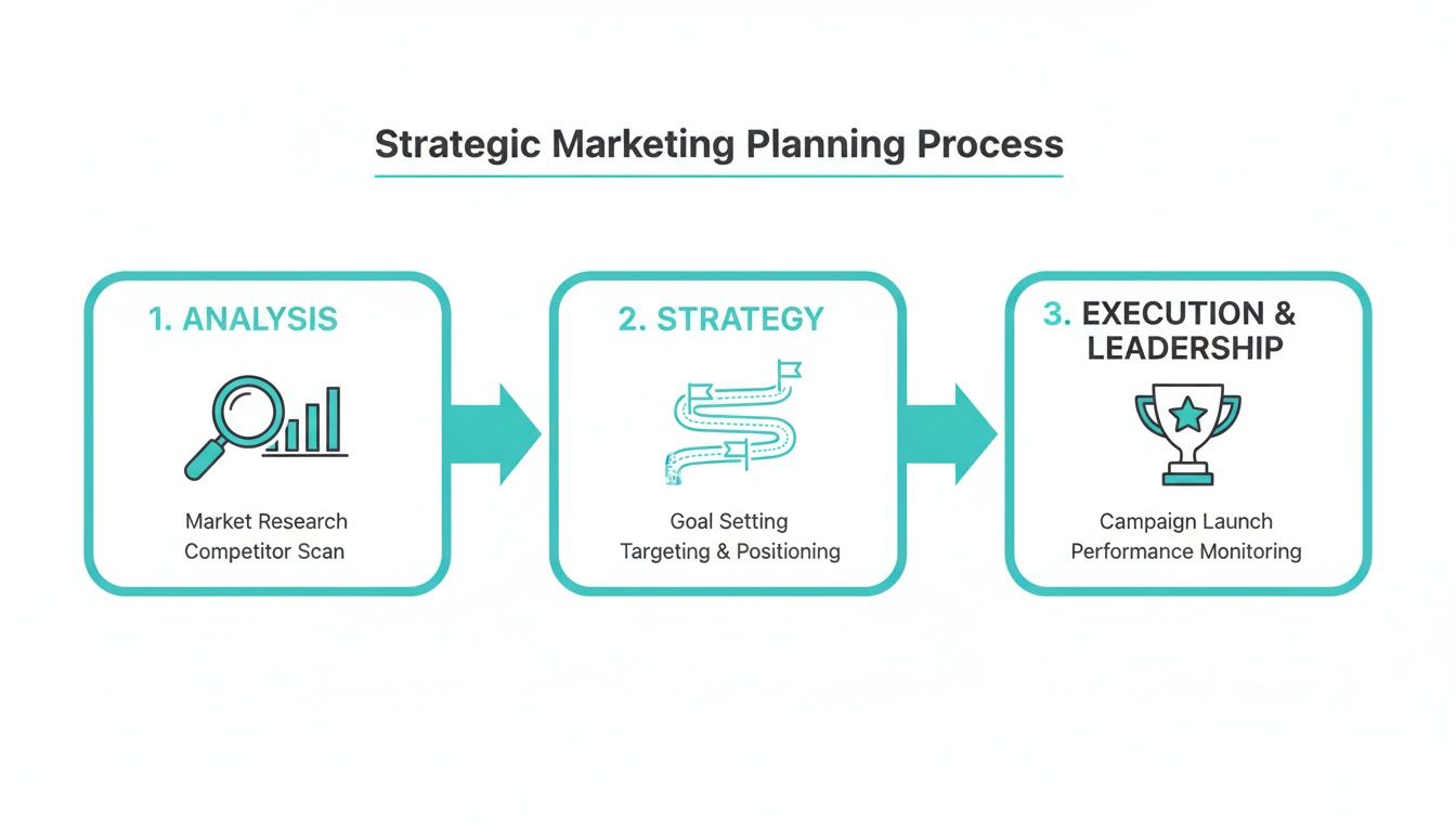 A diagram illustrating the three steps of the Strategic Marketing Planning Process: Analysis, Strategy, and Execution.