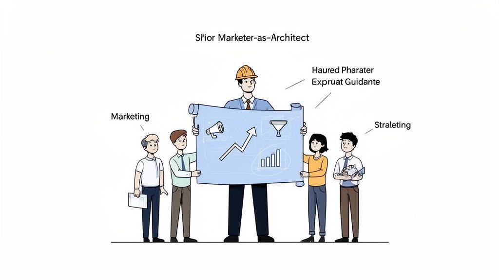 Marketer as architect presents marketing blueprint with team discussing strategy and growth.