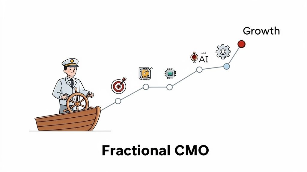 A Fractional CMO captain navigates a boat towards business growth, utilizing marketing tools, AI, and strategic planning.