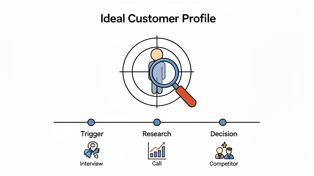 An infographic illustrating the Ideal Customer Profile, showing customer targeting and a three-stage journey: Trigger, Research, and Decision.