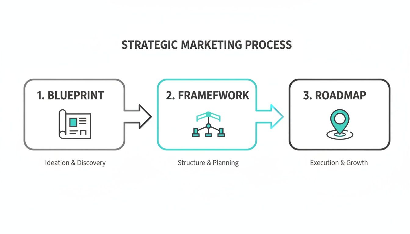 A diagram illustrates the Strategic Marketing Process in three sequential steps: Blueprint, Framework, and Roadmap.