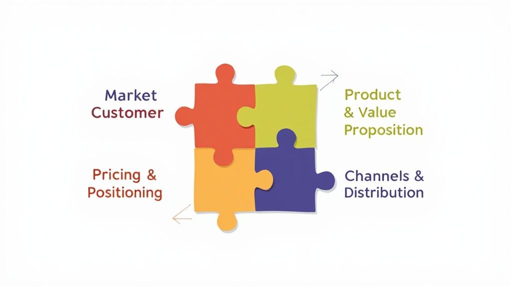 Four gears labeled 'market,' 'product,' 'pricing,' and 'channels' working together to represent a go to market strategy framework