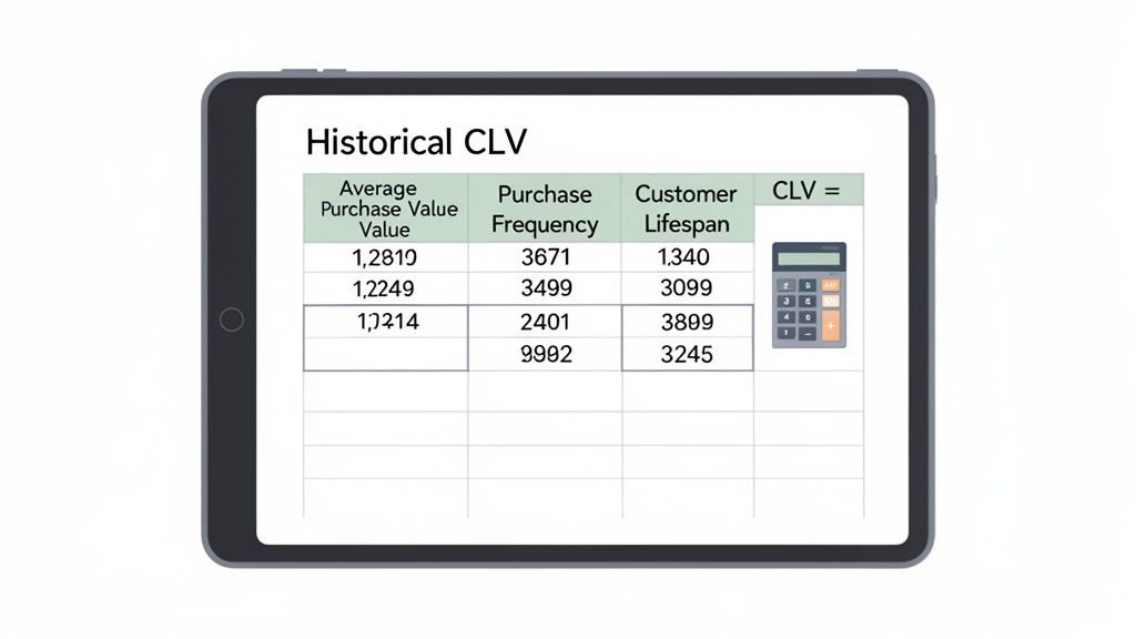 Digital tablet displaying a spreadsheet for calculating Historical Customer Lifetime Value (CLV) with data.