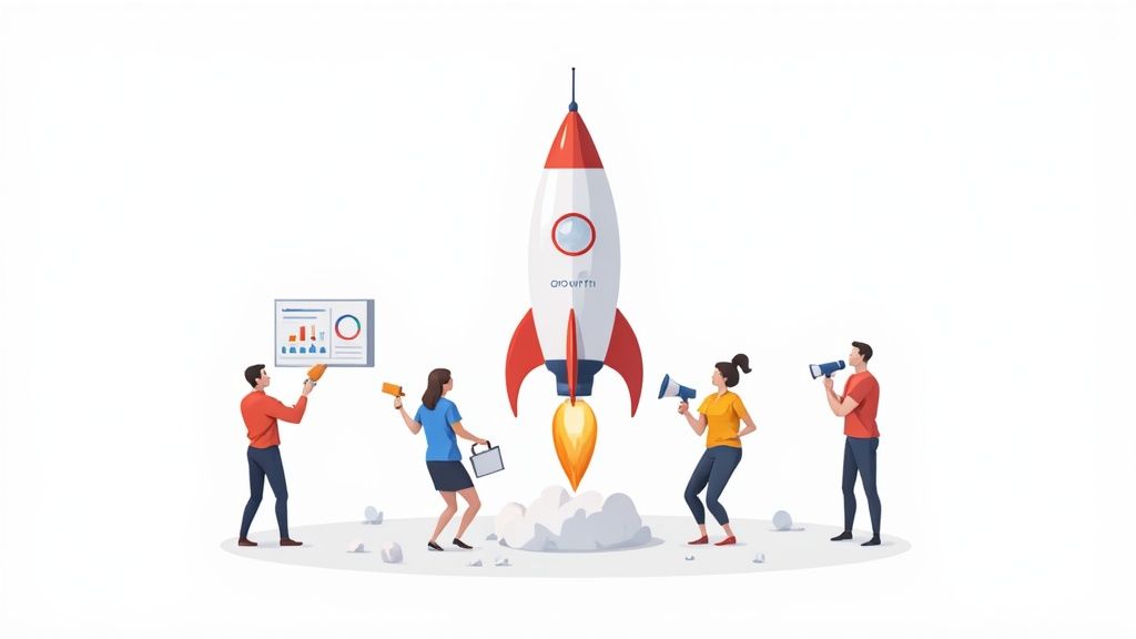 A diverse team celebrating a rocket launch with 'GROWTH' label, symbolizing business marketing success.