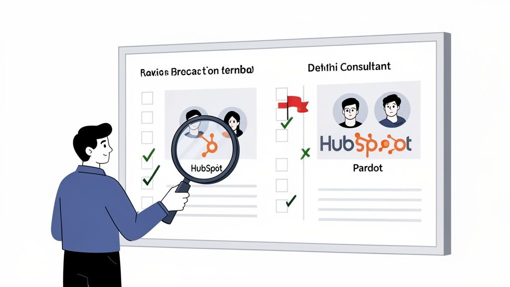 Illustration of a man comparing marketing automation solutions, including HubSpot and Pardot, on a whiteboard.
