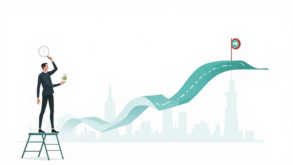 Businessman on ladder analyzing time and growth, charting a winding path towards a distant goal.