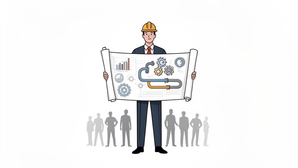 An engineer in a hard hat holds a blueprint displaying diagrams, gears, and pipes, with a team below.
