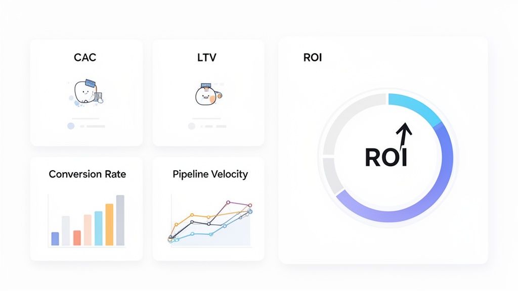 Dashboard showing business metrics: CAC, LTV, ROI, Conversion Rate, and Pipeline Velocity with charts.