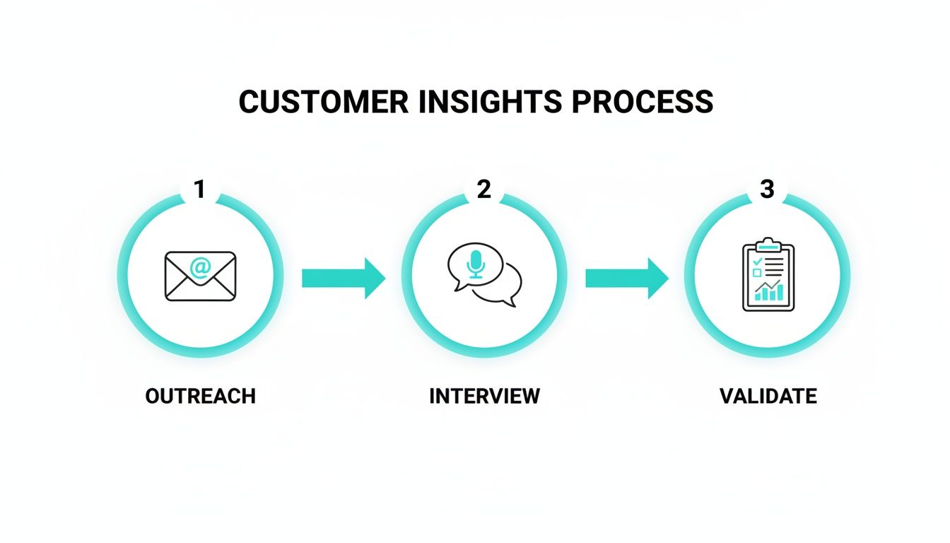 Diagram illustrating a three-step customer insights process: outreach, interview, and validate.