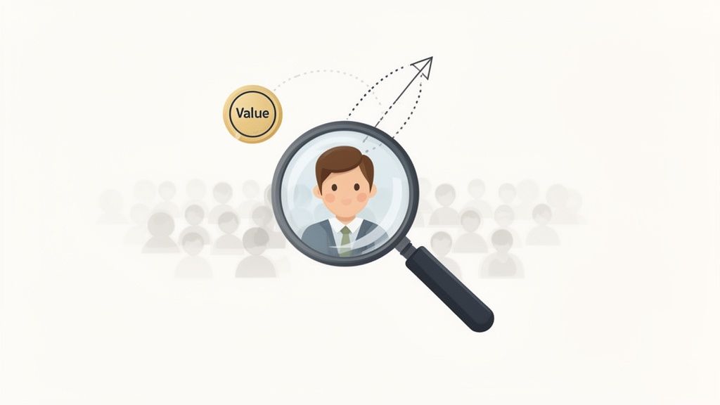 Magnifying glass focusing on a business avatar with a 'Value' coin and growth arrow, indicating talent search.