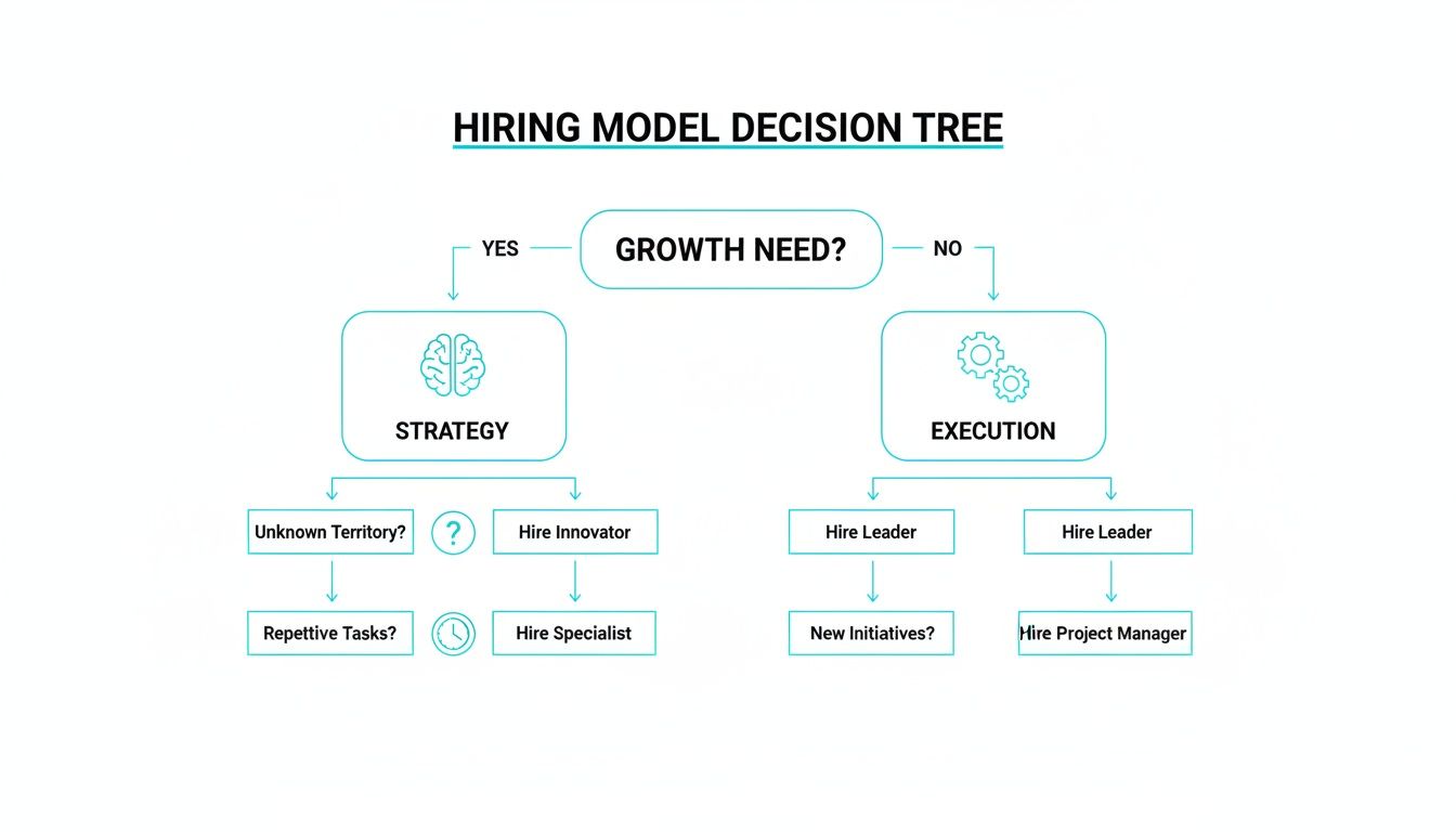 A decision tree diagram for a hiring model, outlining choices based on growth needs, strategy, and execution.