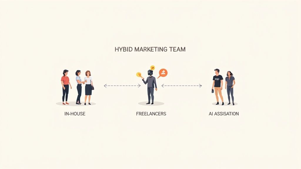 An illustration of a hybrid marketing team structure, integrating in-house personnel, freelancers, and AI assistance.