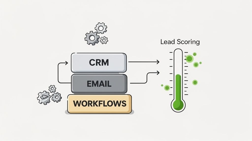 An illustration showing CRM, email, and workflows contributing to lead scoring, represented by a thermometer.