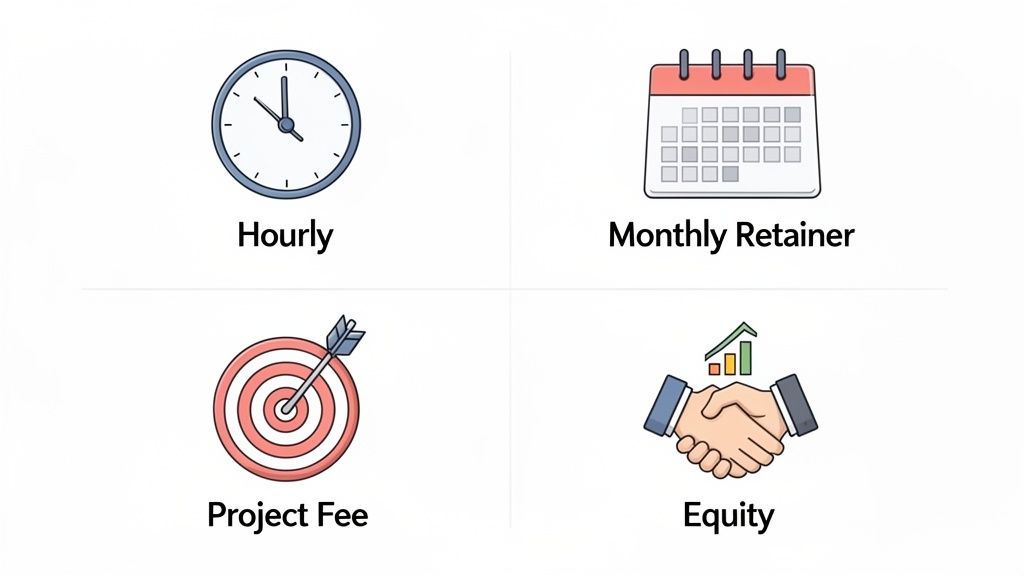 Four common payment and compensation models: hourly, monthly retainer, project fee, and equity.