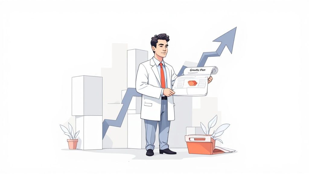 A professional man in a lab coat holds a 'Growth Plan' document, symbolizing business development and strategy.