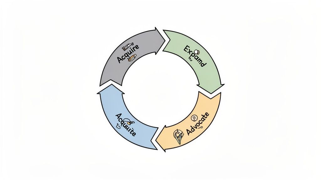 A circular diagram illustrating a business strategy cycle with segments labeled Acquire, Expand, Advocate, and Acquire.