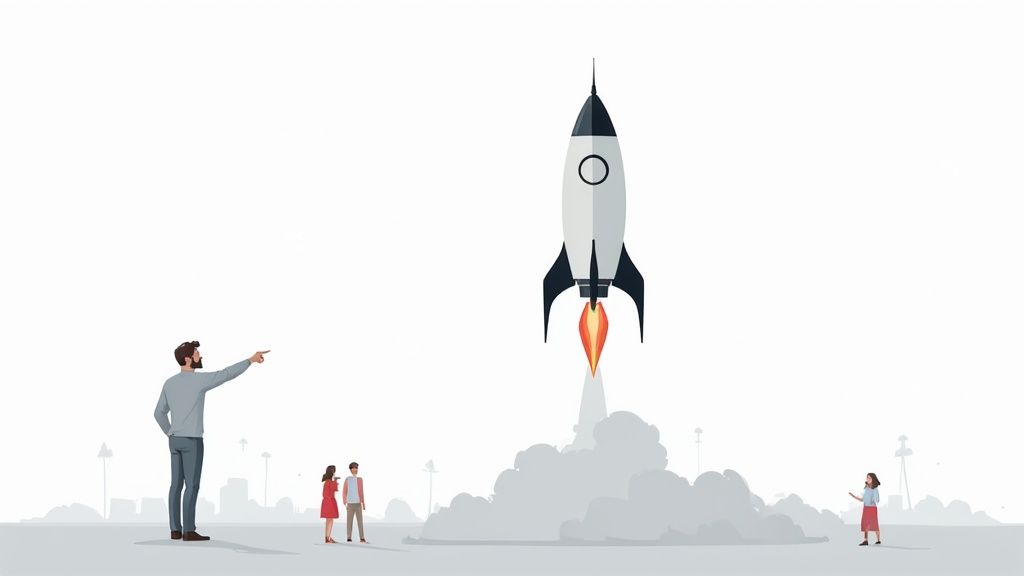 A man points towards a launching rocket, while other people observe the liftoff.