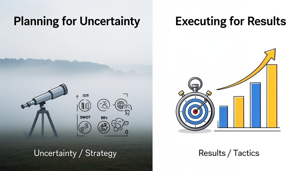 Visual comparison of strategic planning for uncertainty with tactical execution for results and growth.