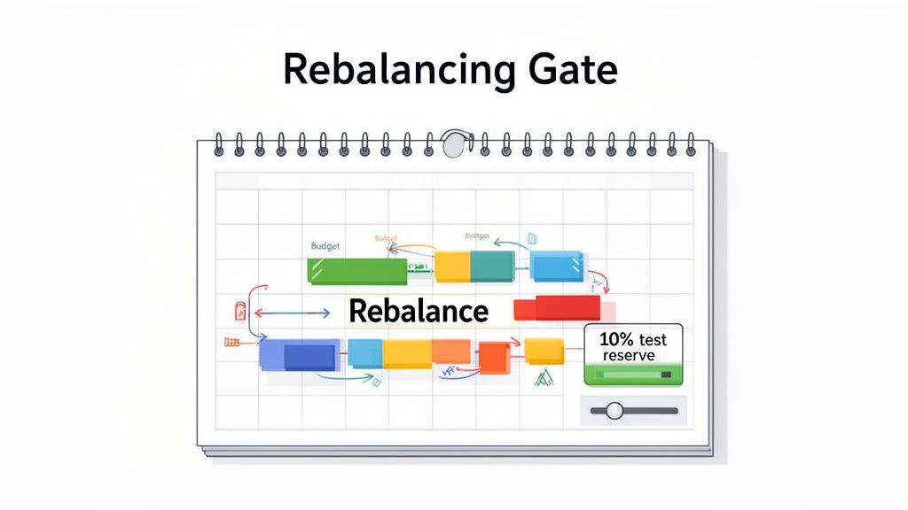 A "Rebalancing Gate" diagram on a calendar page, depicting budget allocation and a 10% test reserve.