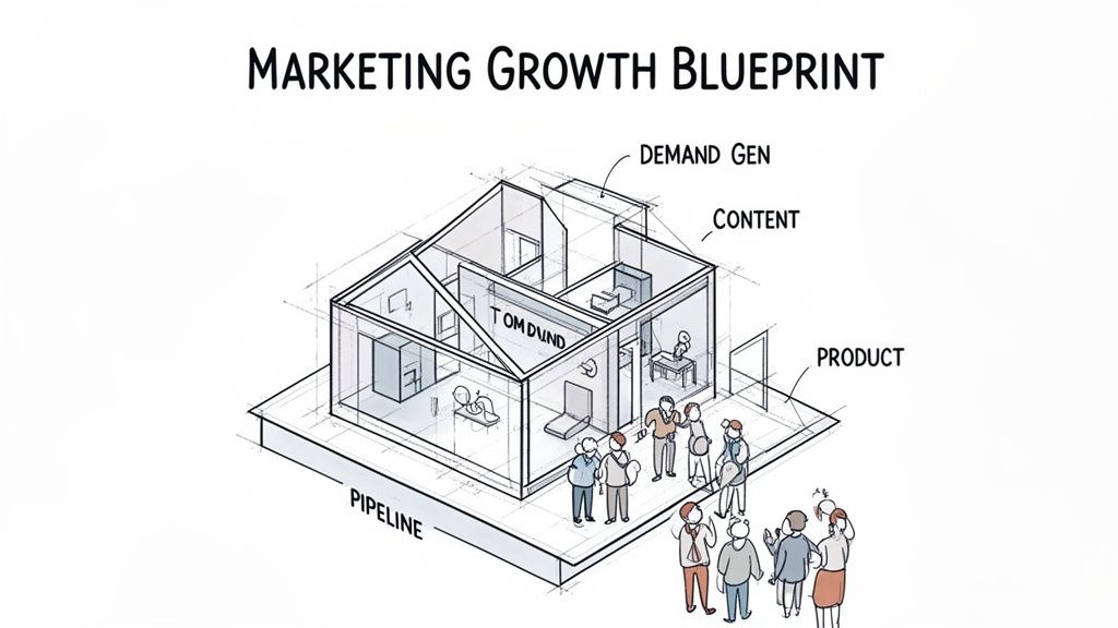 A marketing growth blueprint diagrammed as a house, showing demand generation, content, product, and pipeline.