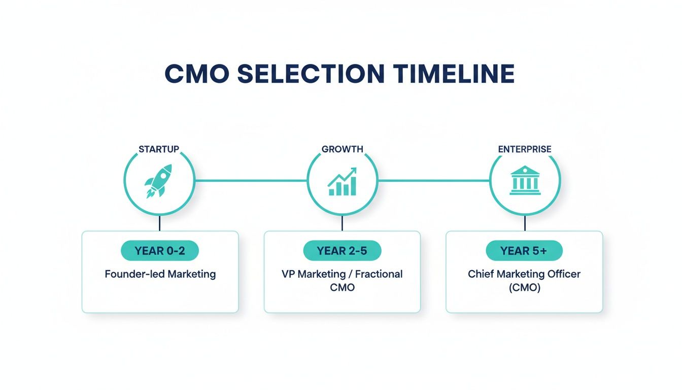 A CMO selection timeline showing roles from founder-led marketing to Chief Marketing Officer across startup, growth, and enterprise stages.
