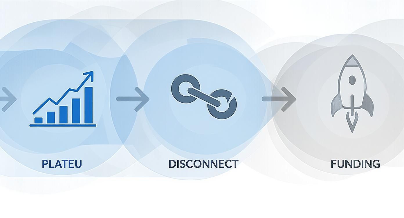 Infographic showing the process flow from hitting a growth plateau, experiencing a disconnect between goals and actions, to needing to prepare for a funding round, signaling the need to hire a fractional CMO.